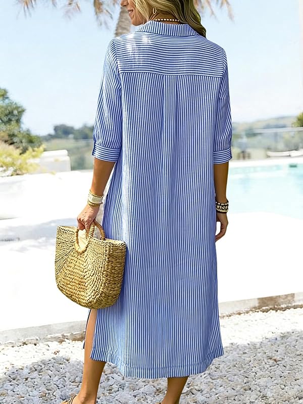 ebossy Women's Loose Striped Shirt Dress Button Down 3/4 Sleeve Side Slit Flowy A Line Mid Long Boho Dress with Pockets (M, Blue) by ebossy - Used condition - Image 2