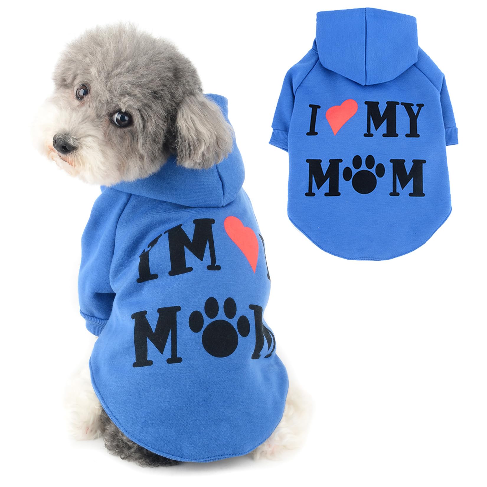 Ranphy Dog Hoodies for Small Dog Girls Boy Pet Jumper with Letter "I Love My Mom" Puppy Sweatshirt Hooded with Leash Hole Autumn Spring Pullover Mother Day Thanksgiving Day Cat Sweater, Dark Blue, XL