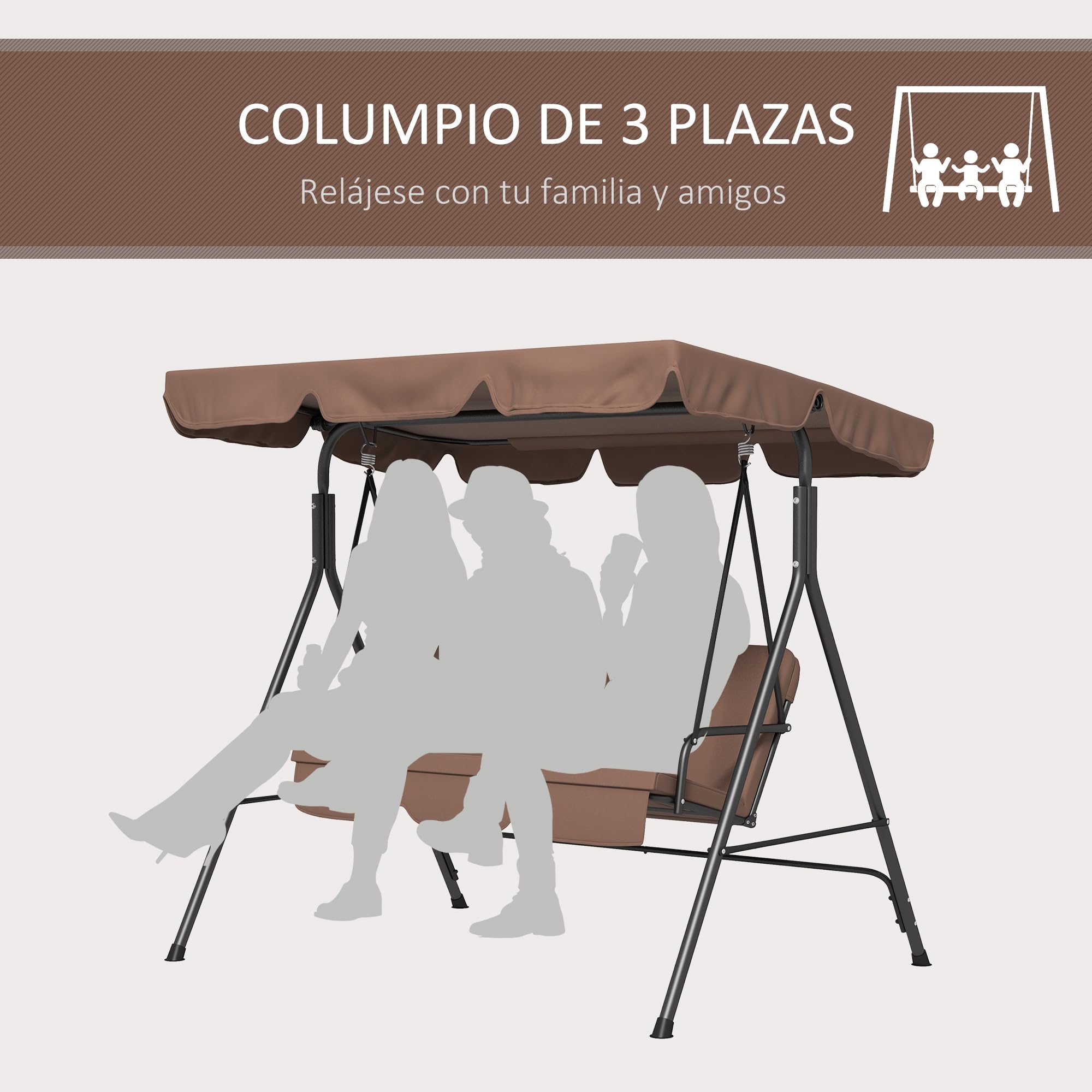 Aosom Outsunny Columpio de Jardín Tipo Balancín Mecedora de Metal 3 Plazas con Toldo Regulable y Cojín - 172x110x152cm