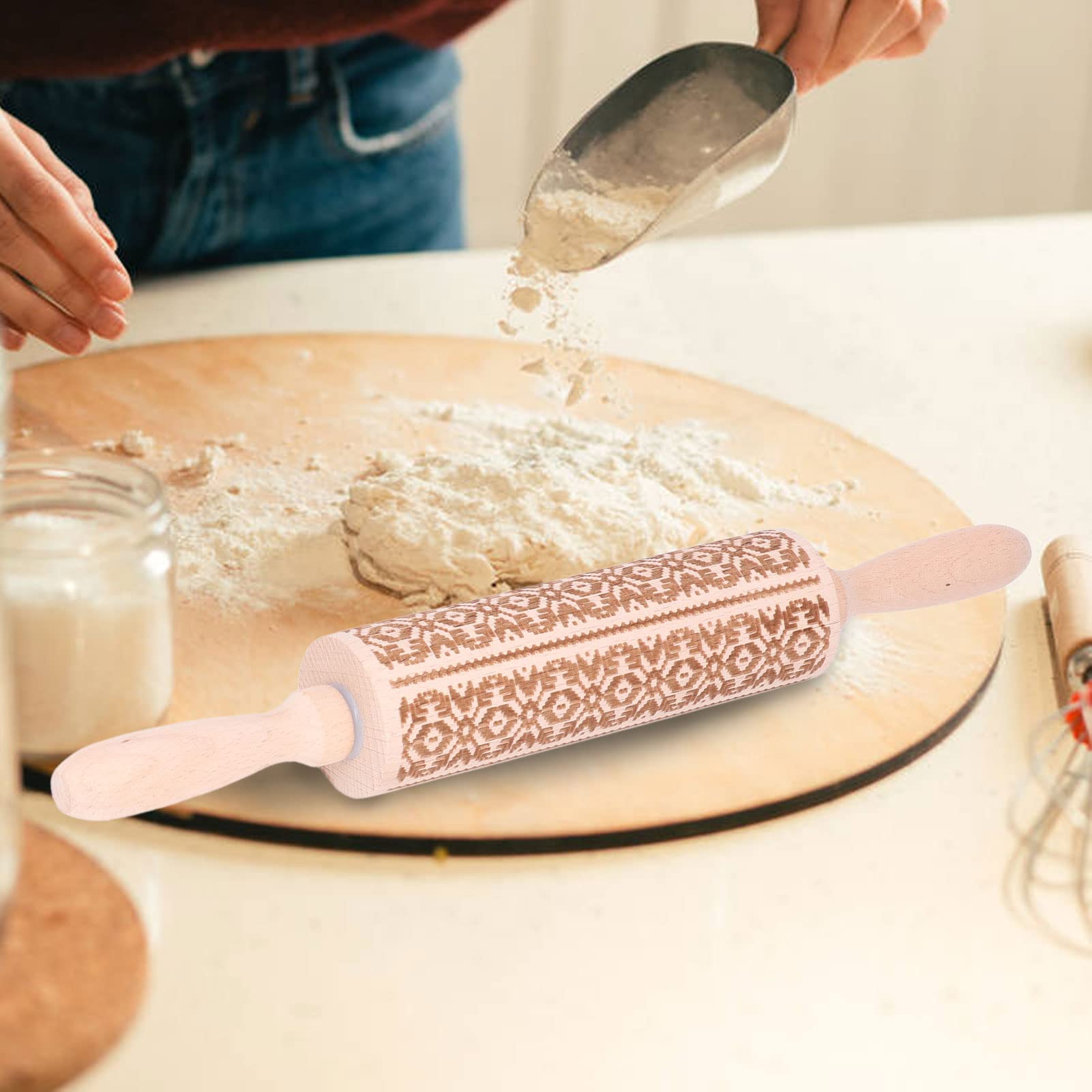 Madera con símbolos temáticos Grabados en 3D para Hornear Galletas en Relieve, Pasteles, Pizza, Galletas, Rodillo, Herramienta de Cocina, 13,78 Pulgadas (costumbres exóticas)