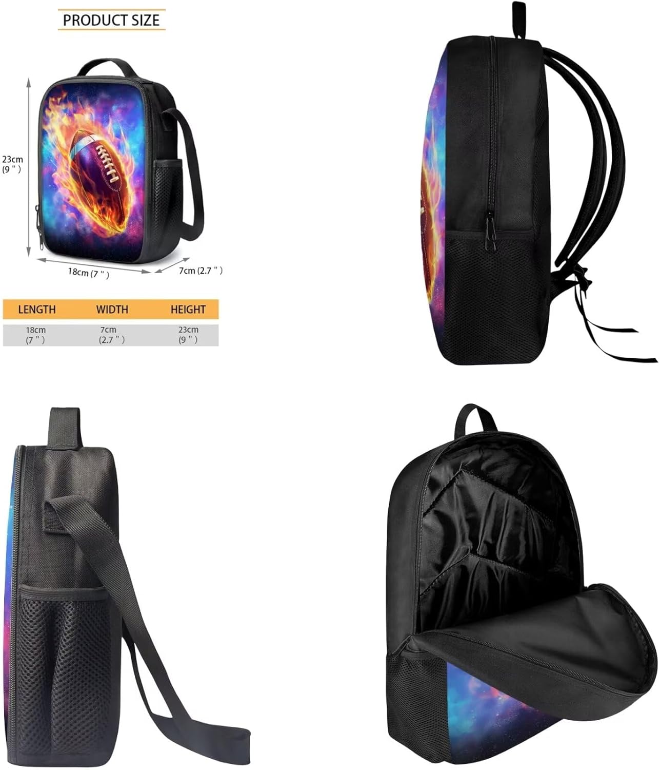 Fire Rugy Print Backpack Set for School, Elementary and Middle Students Schoolbag Lunch Bag and Pencil Case 3 in 1, Boys Knapsack Set with Reusable Lunch Box and Pen Bag