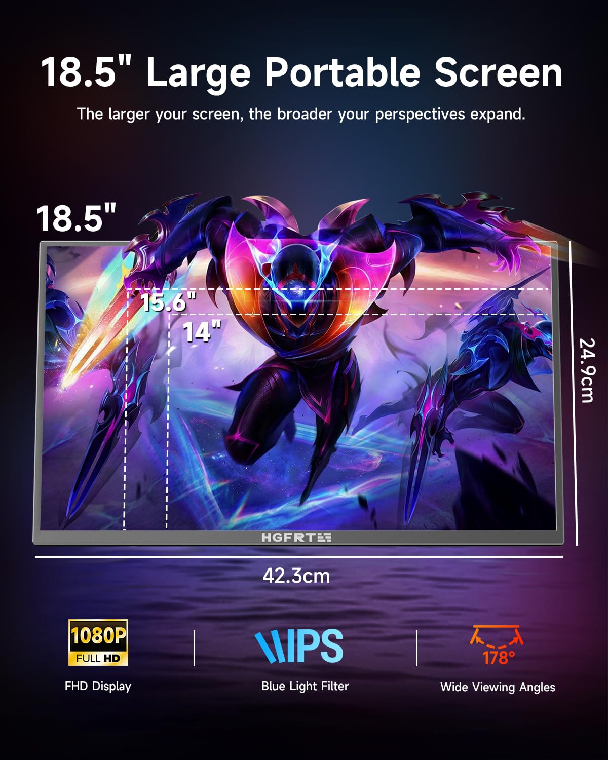 HGFRTEE Monitor portatile 18,5 Pollici, 1080P HDR Schermo Portatile IPS Antiriflesso, 100Hz, sRGB 100% USB-C, mini HDMI, Supporto Regolabile, VESA, Doppio Altoparlante per PC, Mac, Xbox, PS4/5