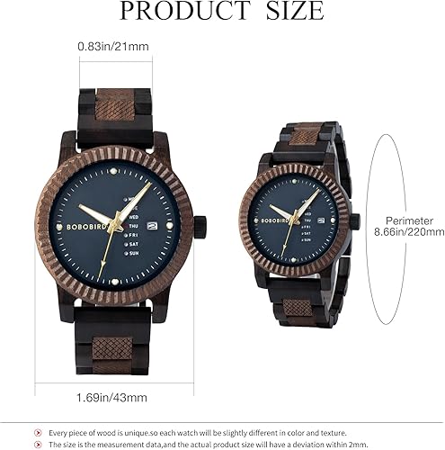 Miniatura 7 de BOBO BIRD Reloj de madera para hombre, analógico, de cuarzo, con pantalla de semana, ligero, hecho a mano, para hombre