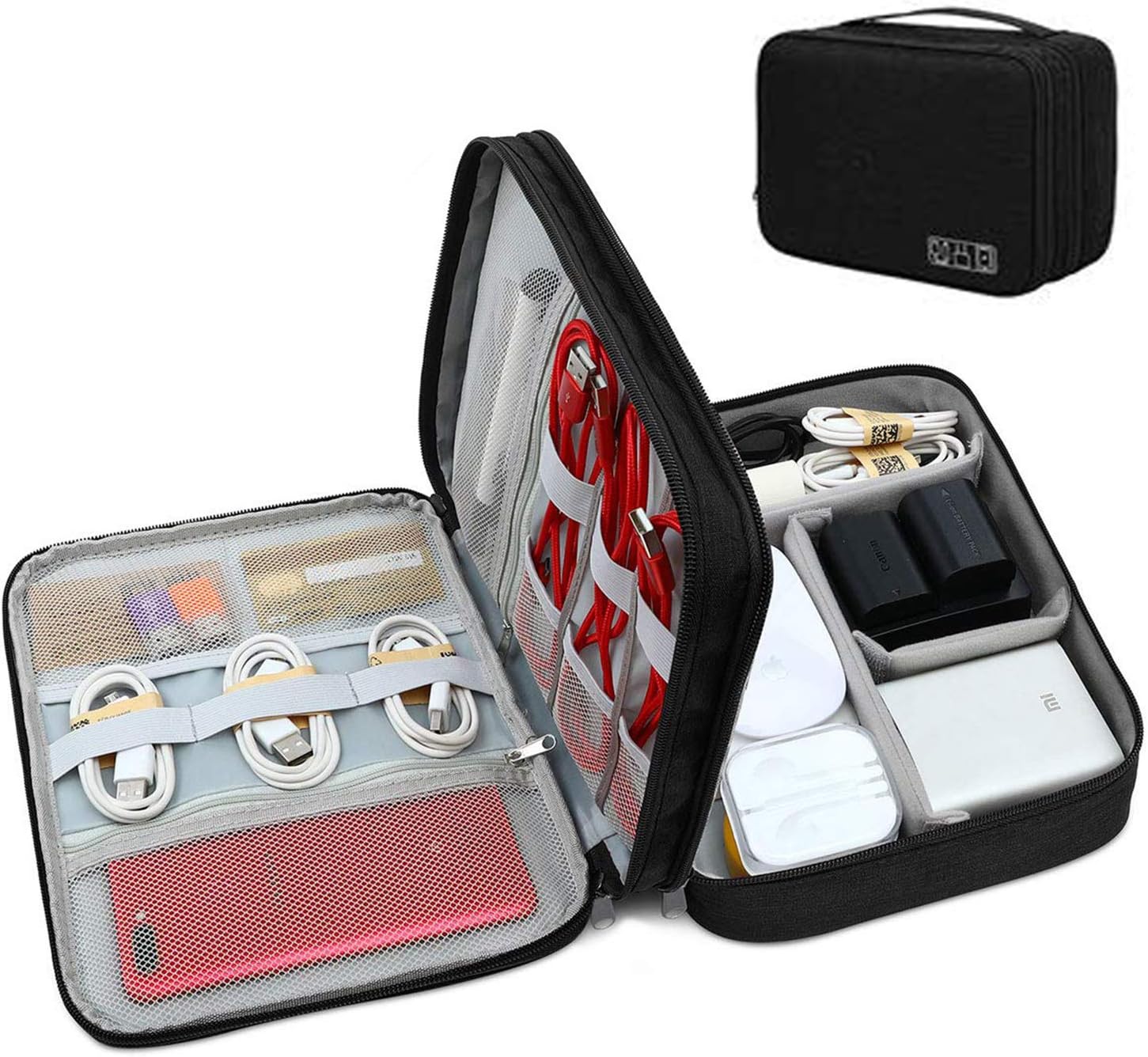 Electronic Organizer Travel Universal Organizer Storage Bag, Three Layer Polyester Waterproof Trave Accessorie Bag with 4 Removable Division Pocket for Pen, Camera, Black