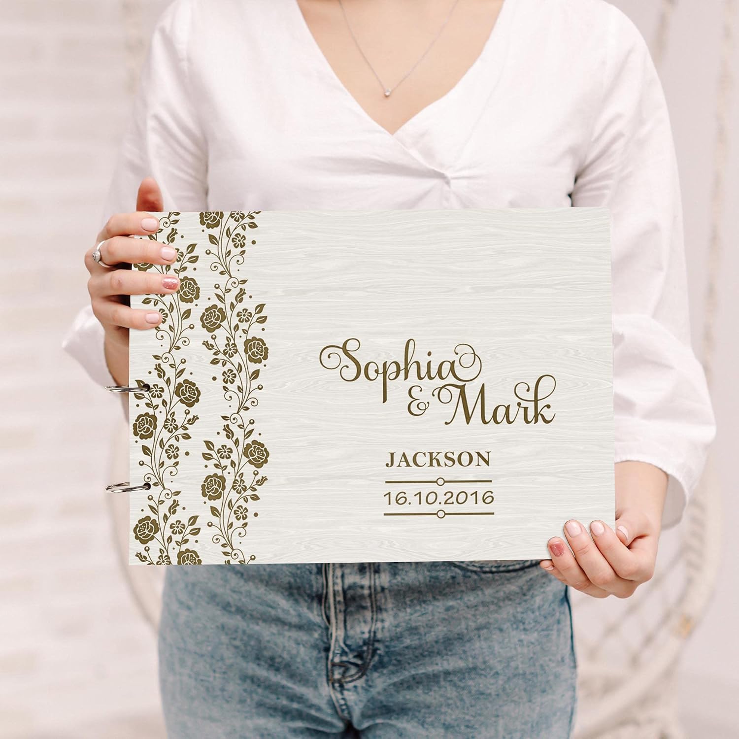 Darling Souvenir Personalized Engraved Laser Cut Wedding Guest Book Wooden Cover Sign-in Book Registry Guestbook Scrapbook-QU