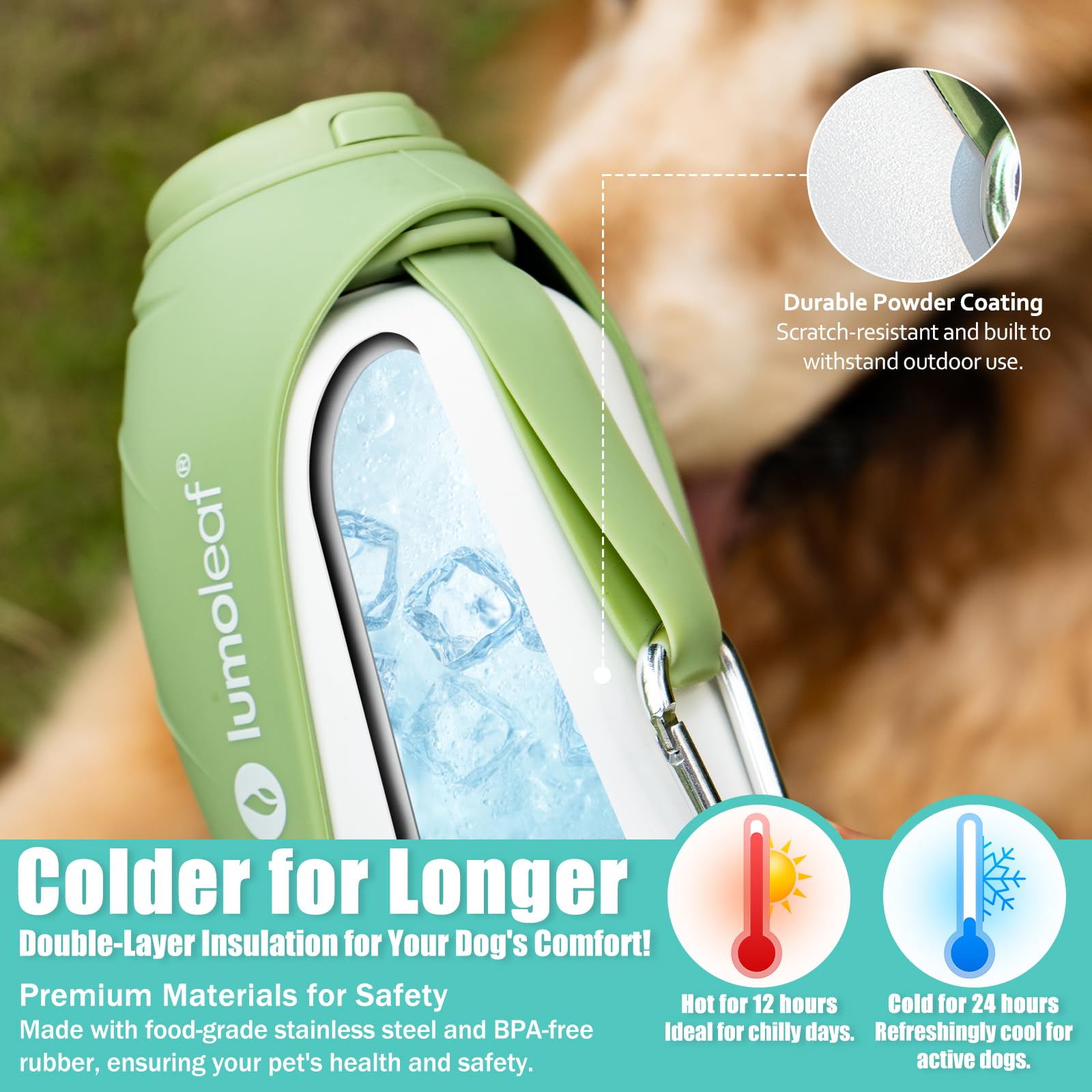 LumoLeaf Borraccia termica per cani, in acciaio inox, 765,4 g, mantiene l'acqua fresca o calda, ciotola portatile per animali domestici, per viaggi, bocca larga per un facile riempimento e pulizia del