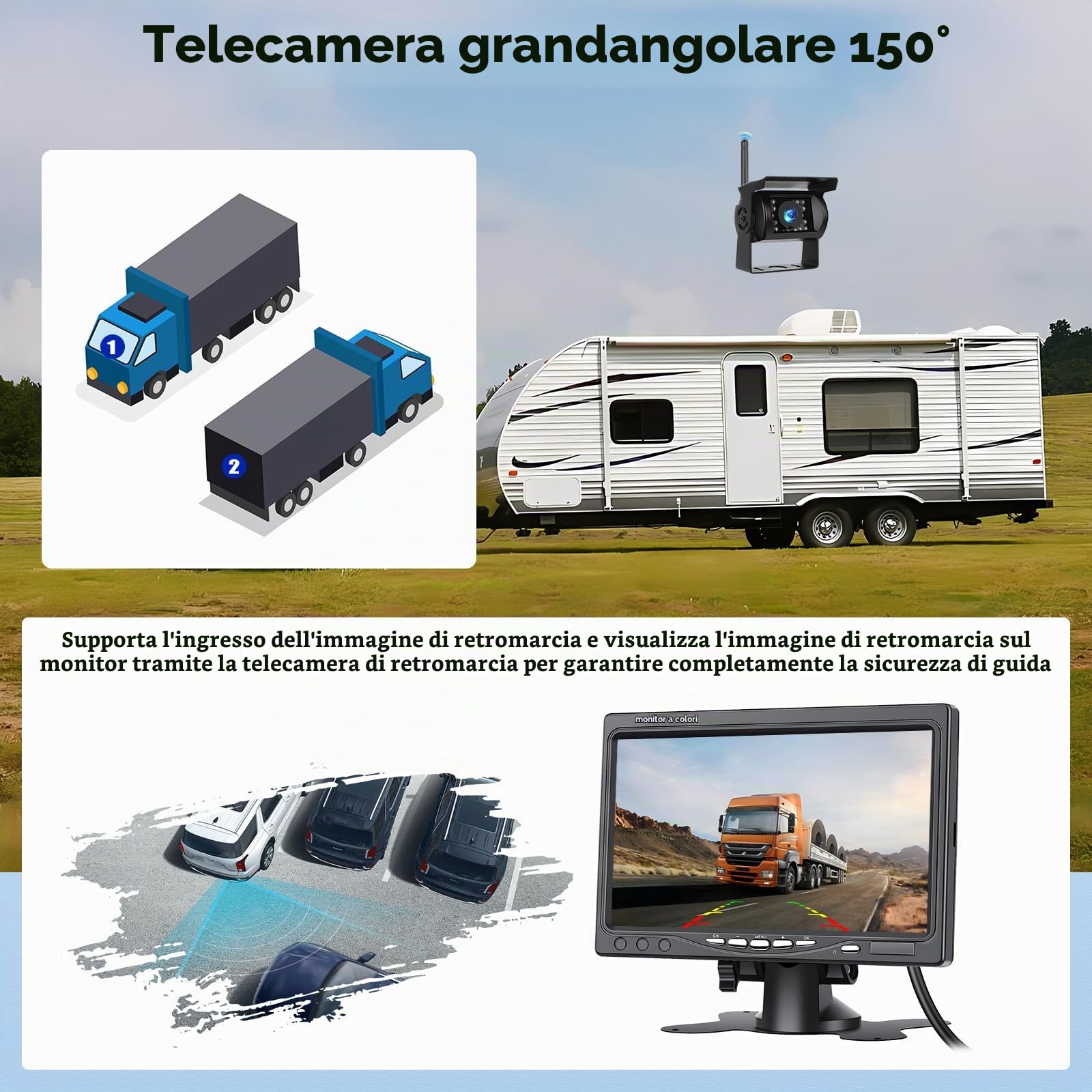Kit Telecamera Posteriore IPS HD 7 Pollici senza Fili con 2 Telecamere, 1080P HD Telecamera Retromarcia Auto con IP68 Impermeabile, BSD, Visione Notturna per 12-36V Camion Camper Furgoni