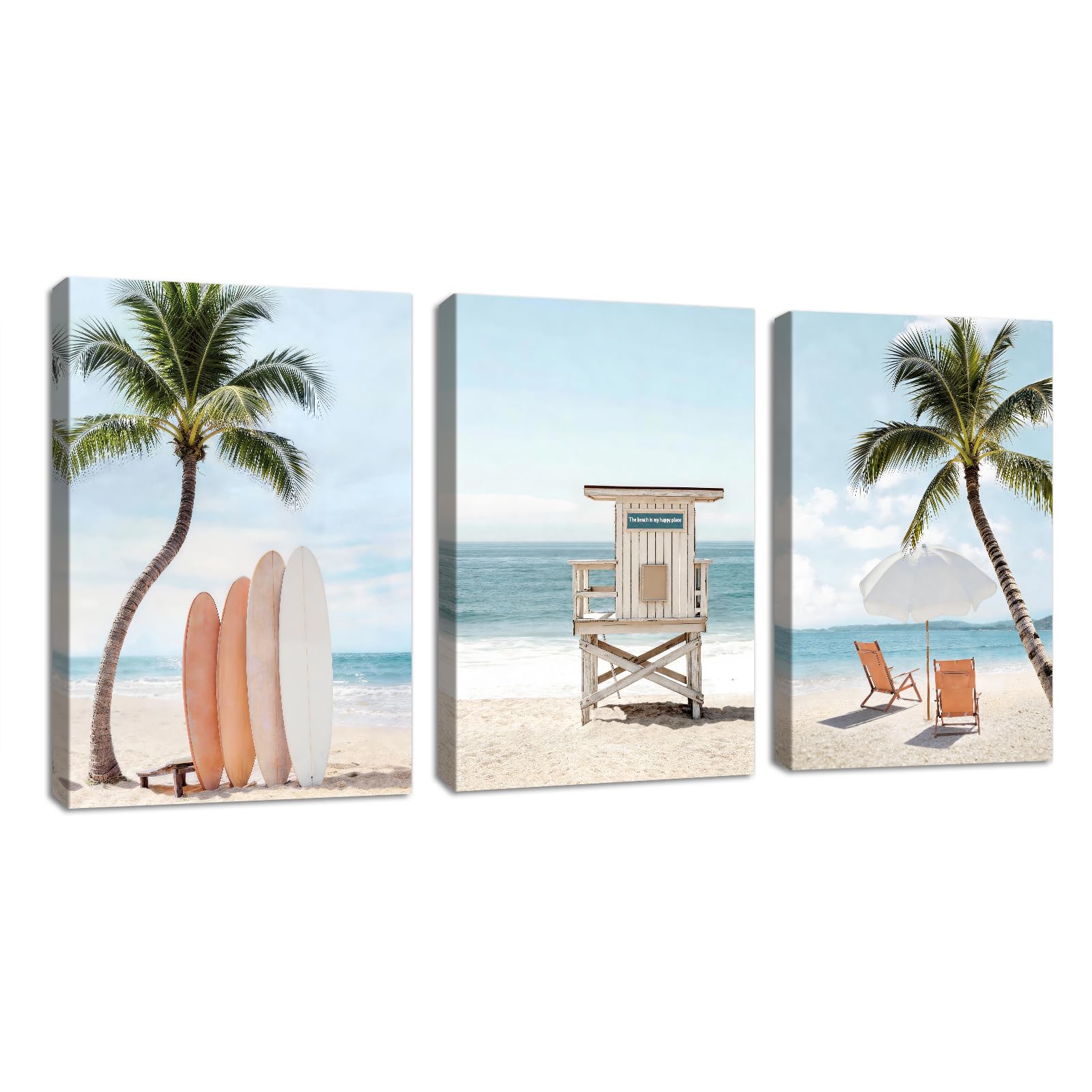 3Pcs Summer Blue Coastal Scenery Canvas Wall Art Prints, Vintage Surfboard Sunshade Framed Canva Painting Relax Natural Landscape Wall Pictures for Bedroom Walls Decor for Living Room Office 50x70cmx3 — image 1