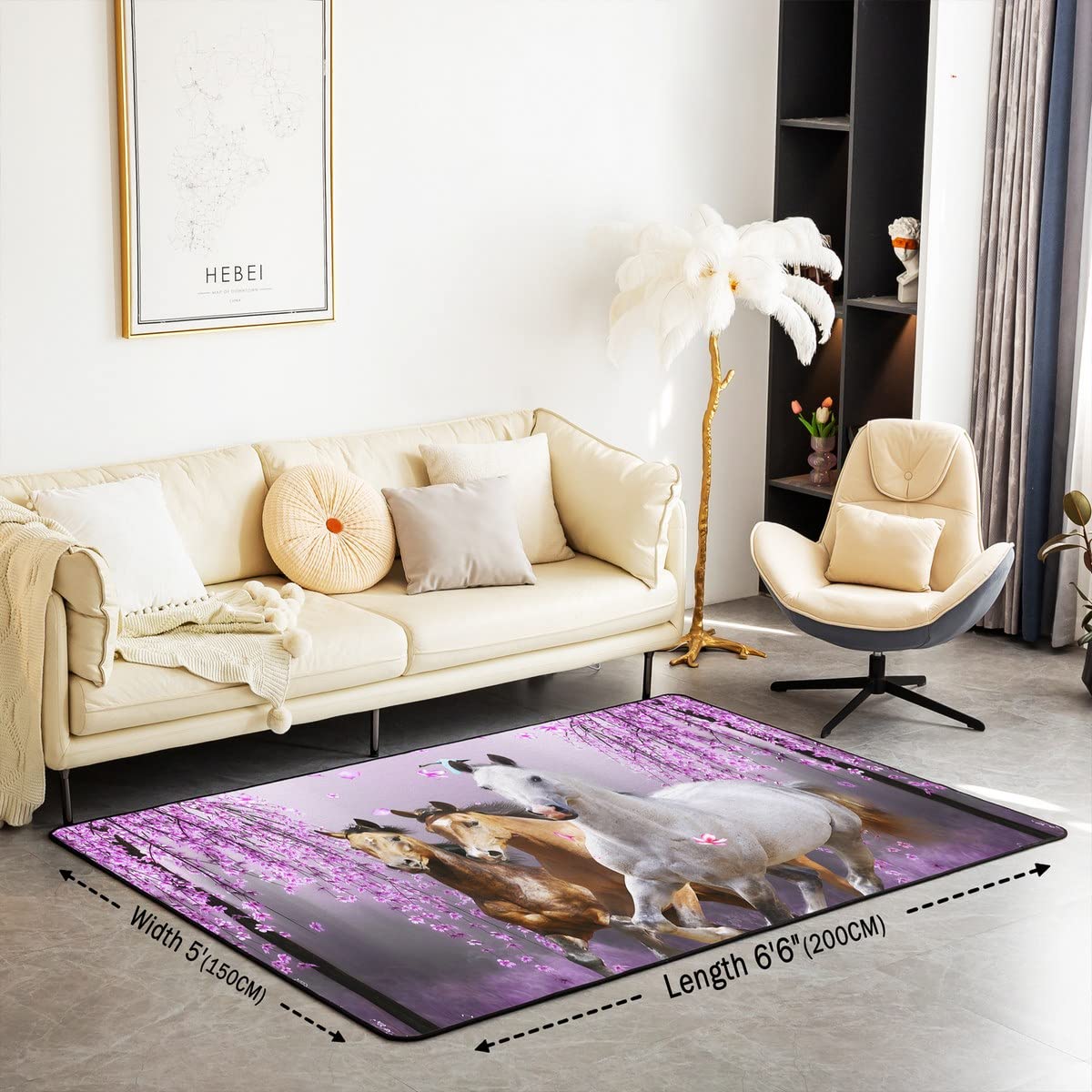 Homemissing Horse Area Rug 100x150cm Galloping Horse Rugs Mat For Living Room Bedroom Cherry Blossoms Decor Carpet Non Slip Area Runner Rug - Image 2
