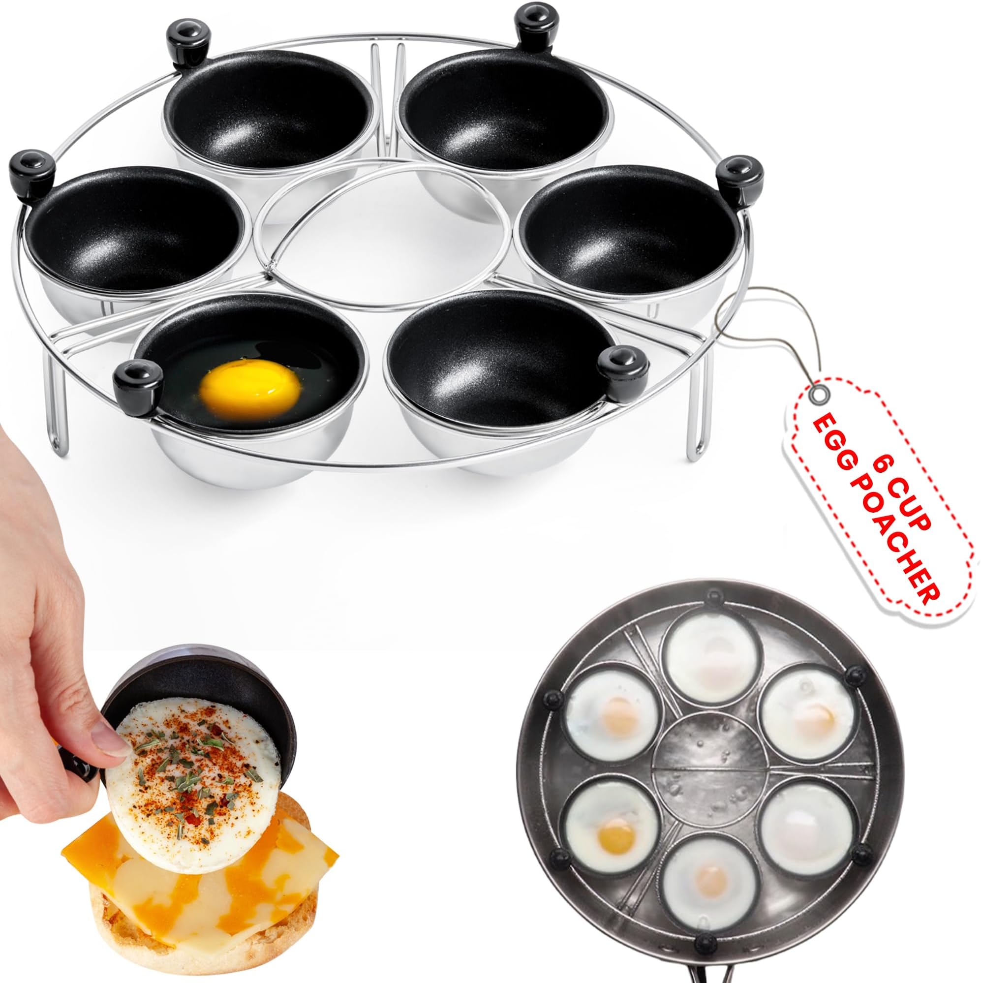 Eggssentials Egg Poacher | Stainless Steel Egg Rack | 6 Potted Egg Maker Cups, PFOA Free, Non-Stick | 9" Diameter Egg Steamer Rack Fits All Size Frying Pans