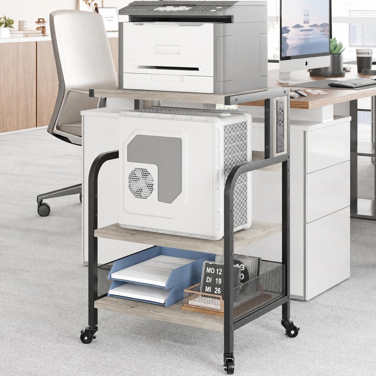 Druckertisch mit Rollen, Druckerständer aus Eisen & PB-Platte, stabiler Druckerwagen mit Ablagefläche 79x52x40 cm, mobiler Bürowagen für Drucker, Laptop, Ordner – für Büro, Homeoffice, Schule（Grau）