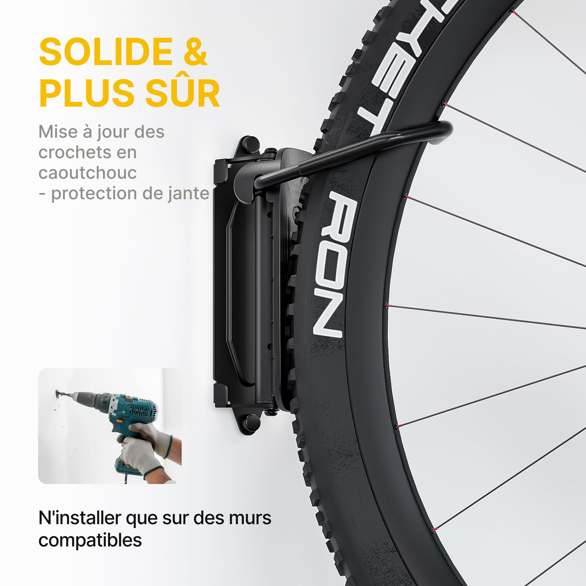 monTEK Support Mural Vélo Pivotant, Porte Vélo Mural Vertical pour Garage, Rangement Vélo Gain de Place, Rotation 150°, Charge jusqu'à 30 kg, Noir