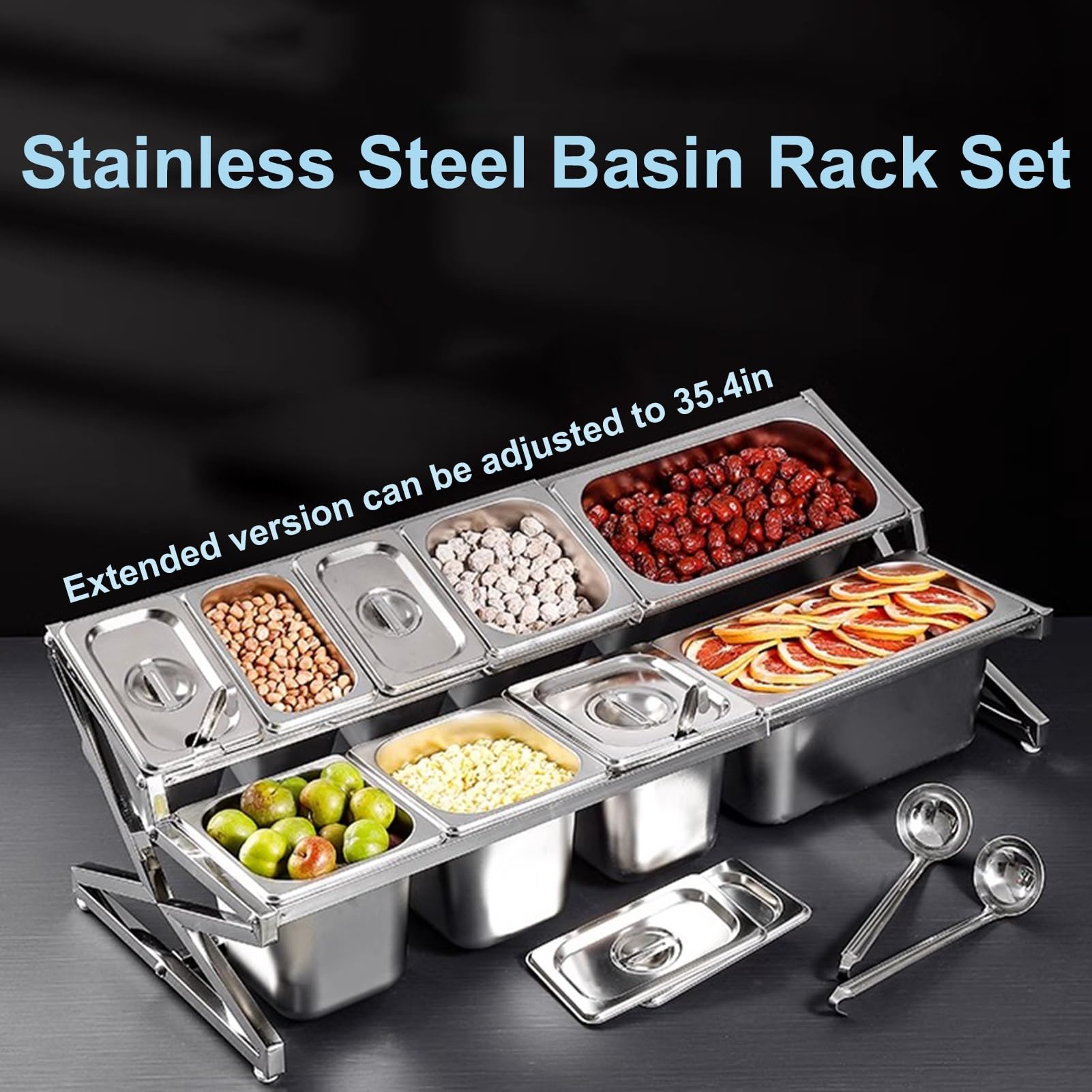 Juego de estante extensible de acero inoxidable 304 para especias, dispensador de condimentos con cucharas para salsas, mermeladas e ingredientes (plata, 96 x 34 x 25,9 cm)