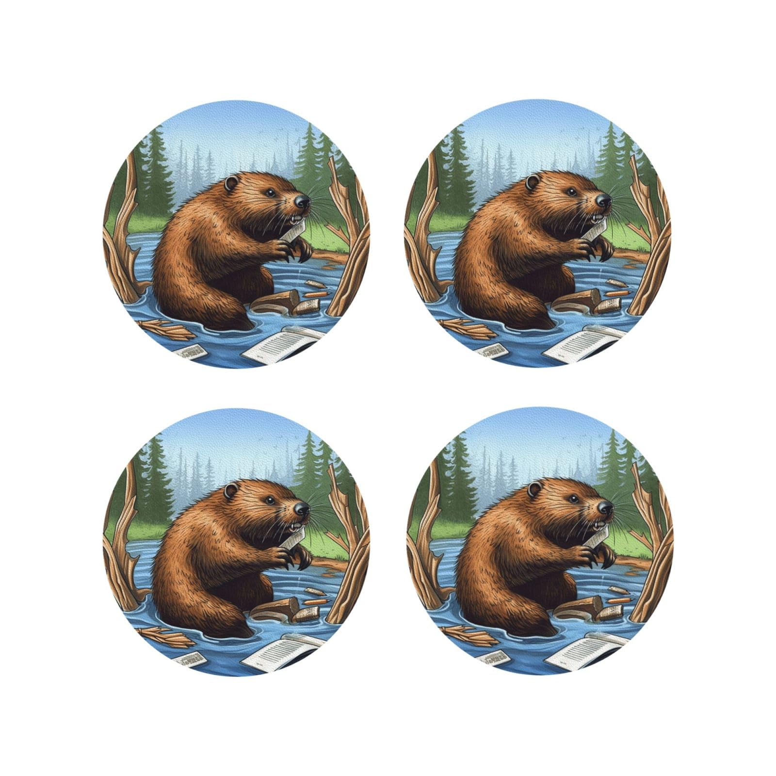 4Pcs PU Leather Coaster for Drinks, Busy Beaver Cartoon Cup Coastersr 4" Cup Mat Pad, Aesthetic Drink Coasters for Coffee Table, Round Shape Coaster for Tabletop Protection