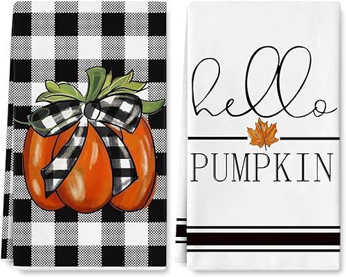 AnyDesign Toalla de cocina Hello Pumpkin Buffalo Plaids Fall Plaids - Toalla de cocina de otoño de 18 x 28 pulgadas, hoja de arce otoñal, calabaza,
