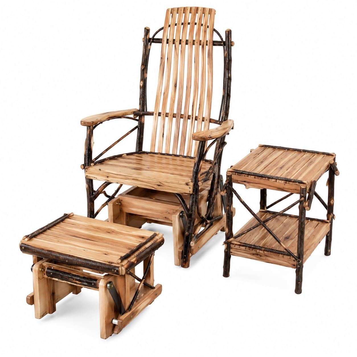 Hickory glider rocker with ottoman and side table