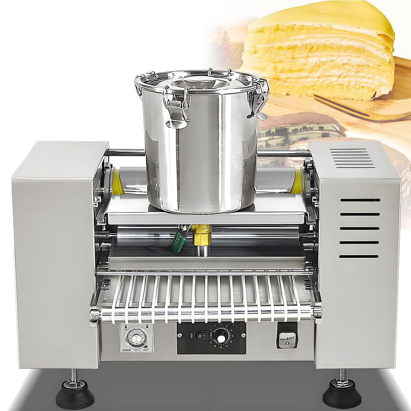 Máquina para hacer crepes con cubo de acero inoxidable, cinta transportadora, rodillo de masa y bandeja, 100 300 piezas, diámetro de panqueques de 10 pulgadas, perfecto para restaurantes y cafeterías