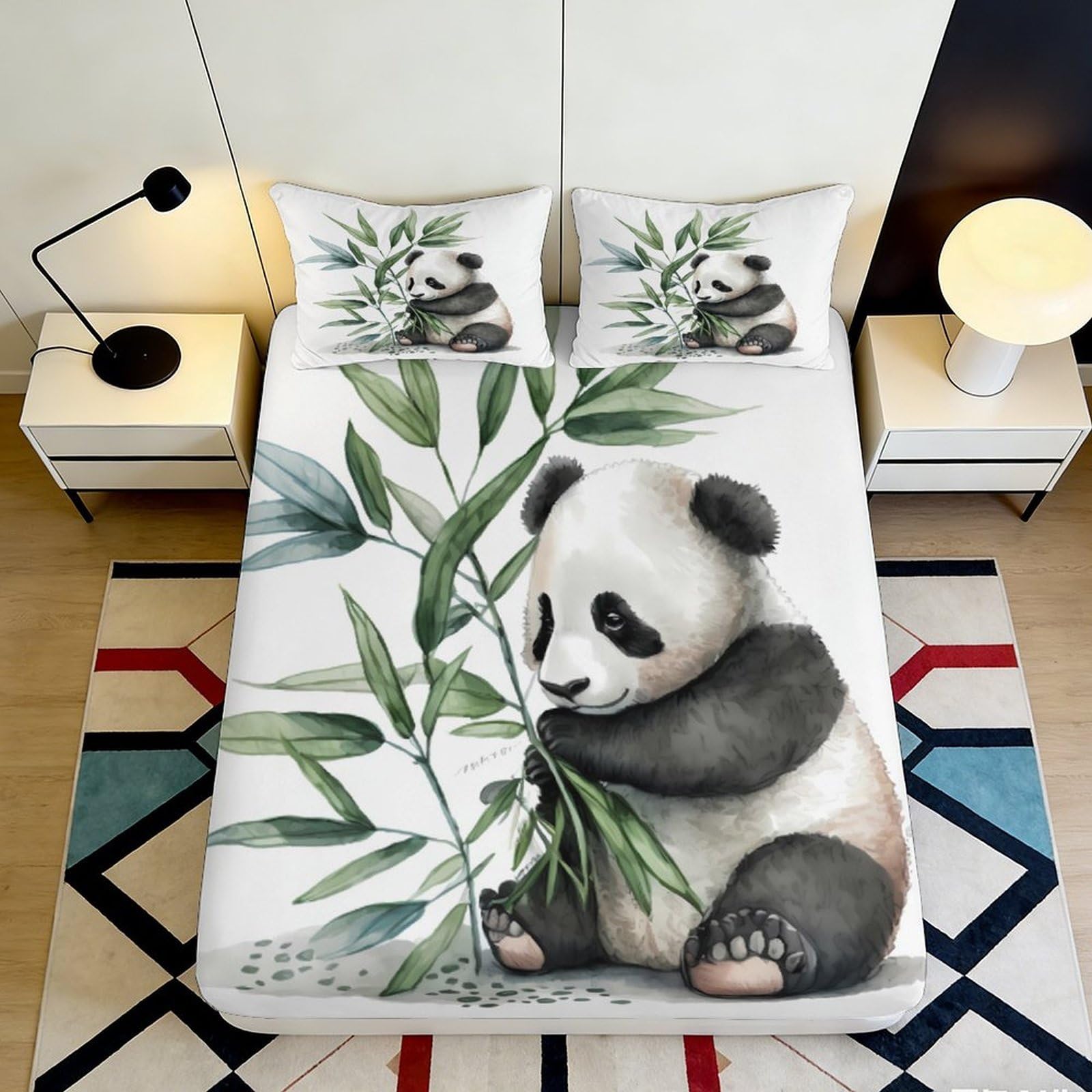 3D Printed Panda Leaves Fitted Sheet Microfiber Soft Breathable Bamboo Print Bed Cover for Bedroom Dormitory Guest Room Mattress Protection 160x200x25cm