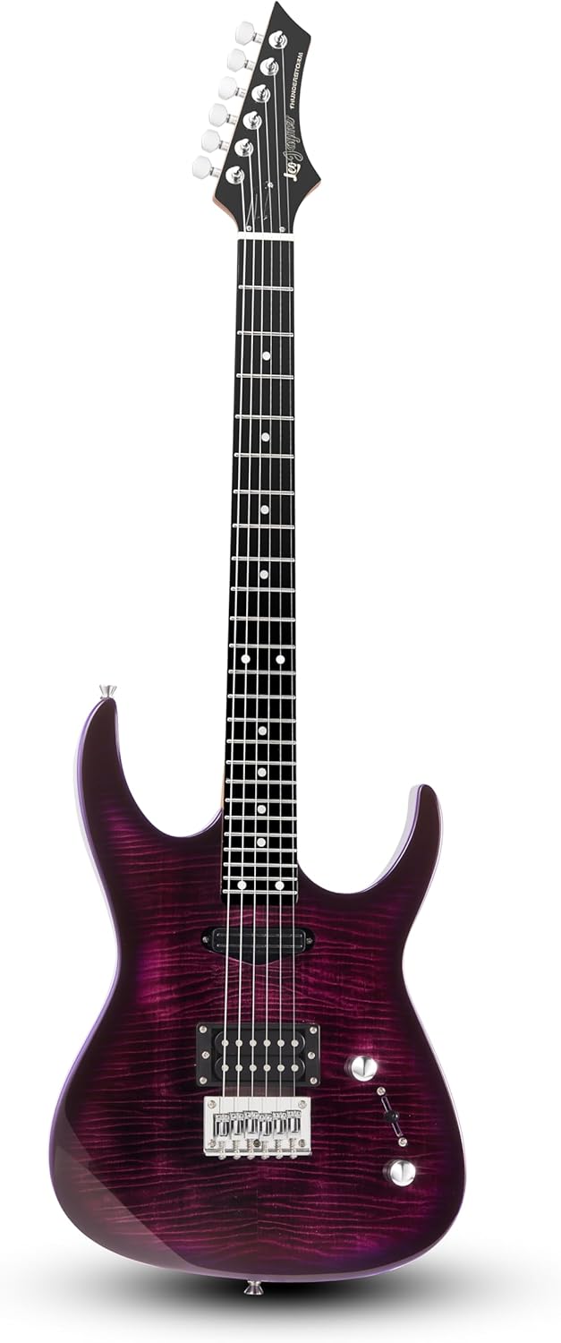 Leo Jaymz Electric Guitar,Thunderstorm ST Style Solid Body Electric Guitar, Flamed Maple Top, Purple Fixed Bridge, Railway Pickup, 24 Frets,for Beginner Student&Adult (Purple Flame)
