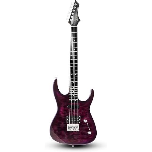 Leo Jaymz Electric Guitar,Thunderstorm ST Style Solid Body Electric Guitar, Flamed Maple Top, Purple Fixed Bridge, Railway Pickup, 24 Frets,for Beginner Student&Adult (Purple Flame)