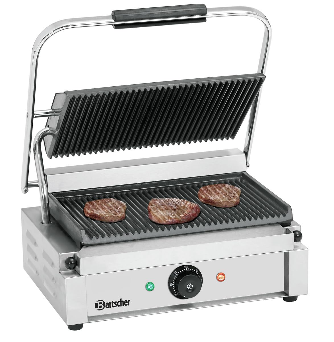 Bartscher Kontaktgrill Panini 1R – gerillte Gussplatten emailliert, 2,2 kW, Edelstahlgehäuse, für Gastronomie, mit Reinigungsbürste, silbergrau