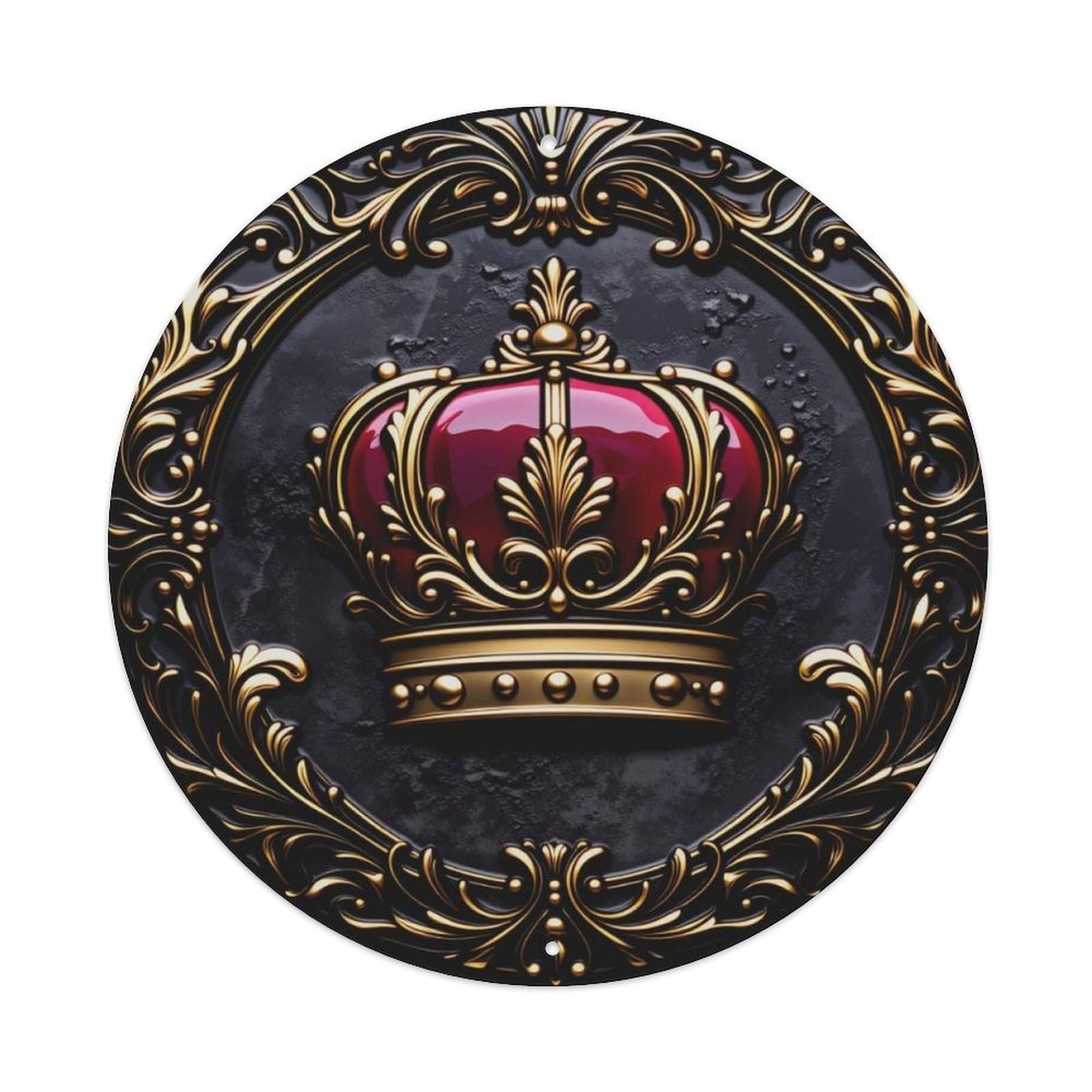 Ornate Gold Red Gem Crown Vintage Round Wall Decor Sign Vintage Aluminium Metal Sign, Retro Wall Decor for Home, Bar, Garage & Farmhouse 20x20cm