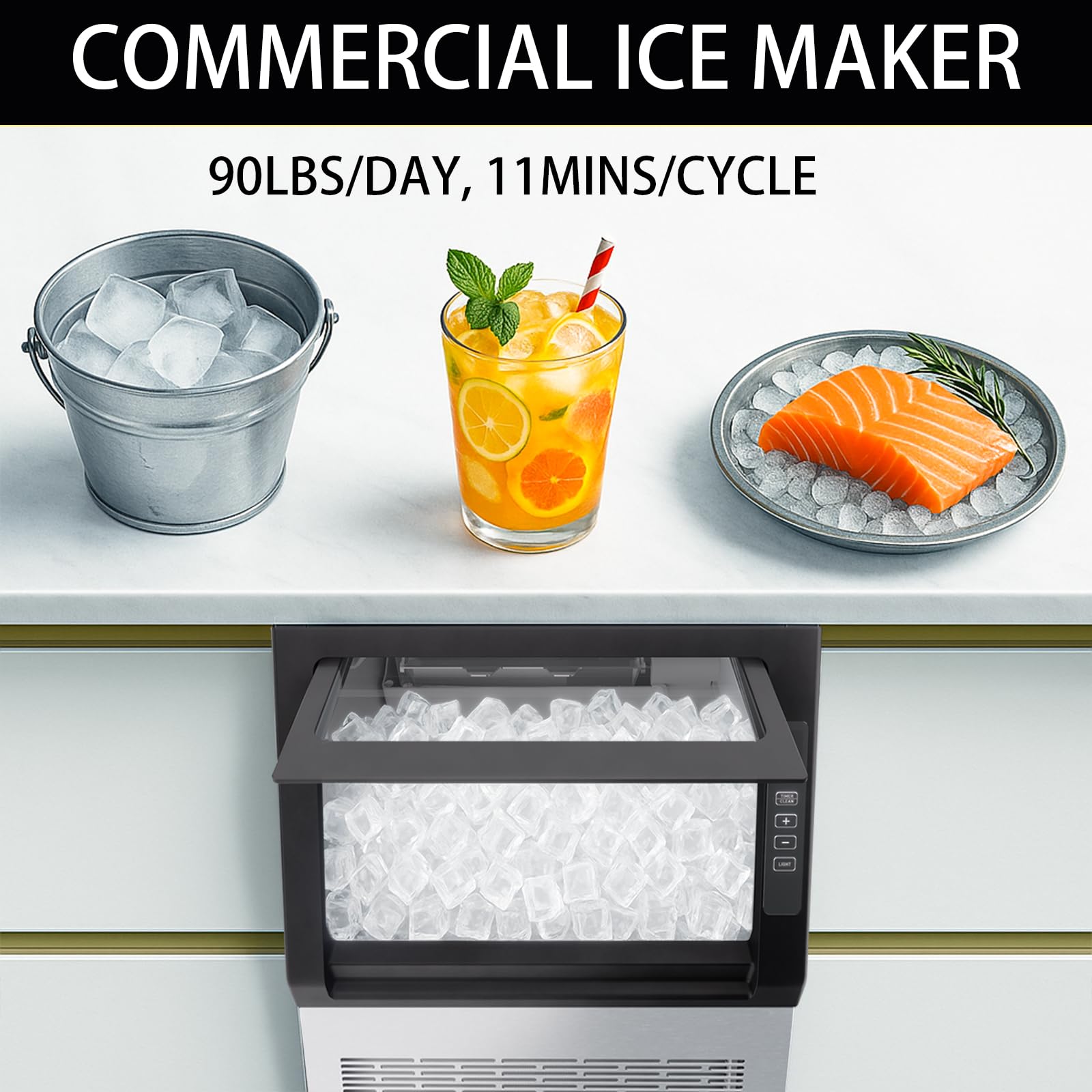 Stopsad Commercial Ice Maker Machine, 90lbs/24H, Stainless Steel Under Counter Ice Machine with 20lbs Storage, LED Digital Display, Self-Cleaning Freestanding Ice Maker for Home/Bar/Restaurant on Fridge.com