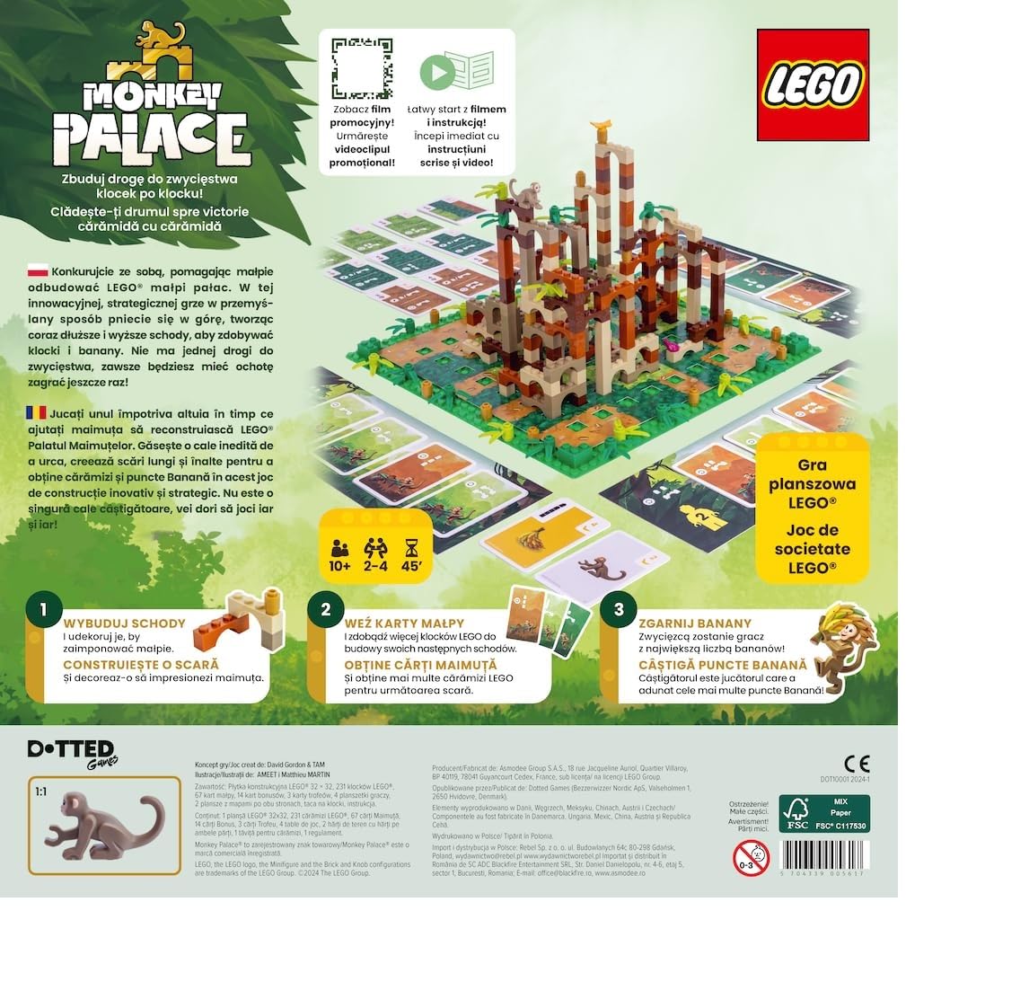 Dotted Games - Monkey Palace (edycja PL) Gra planszowa LEGO: Zbuduj drogę do zwycięstwa klocek po klocku! Rodzinna gra z układaniem klocków dla dzieci i dorosłych; Wiek 10+;2-4 graczy; Czas 45+ min.
