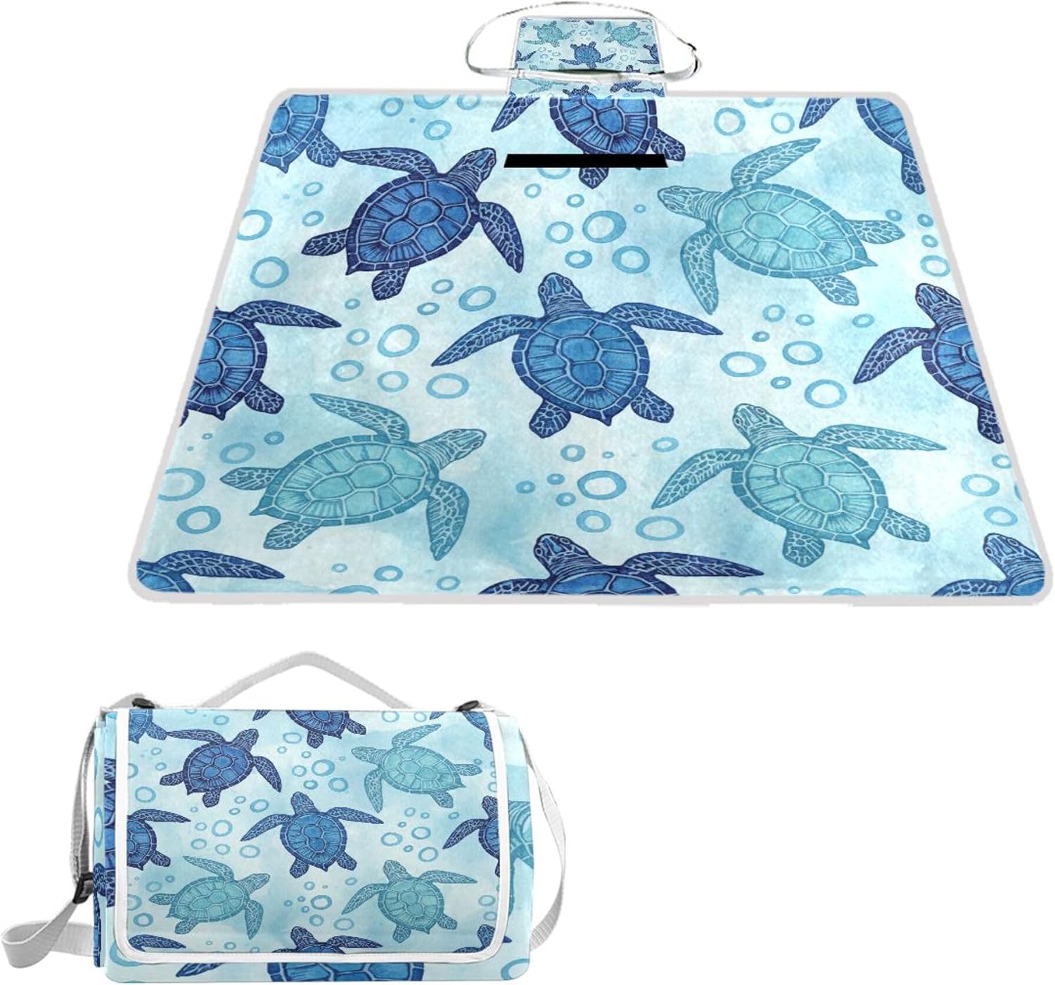 MNSRUU Picnic Blanket Waterproof Foldable, Purples Sea Turtle Bubble Large Outdoor Picnic Beach Camping Blanket Travel Mat, Shoulder Strap Tote, Rectangle 57x59in