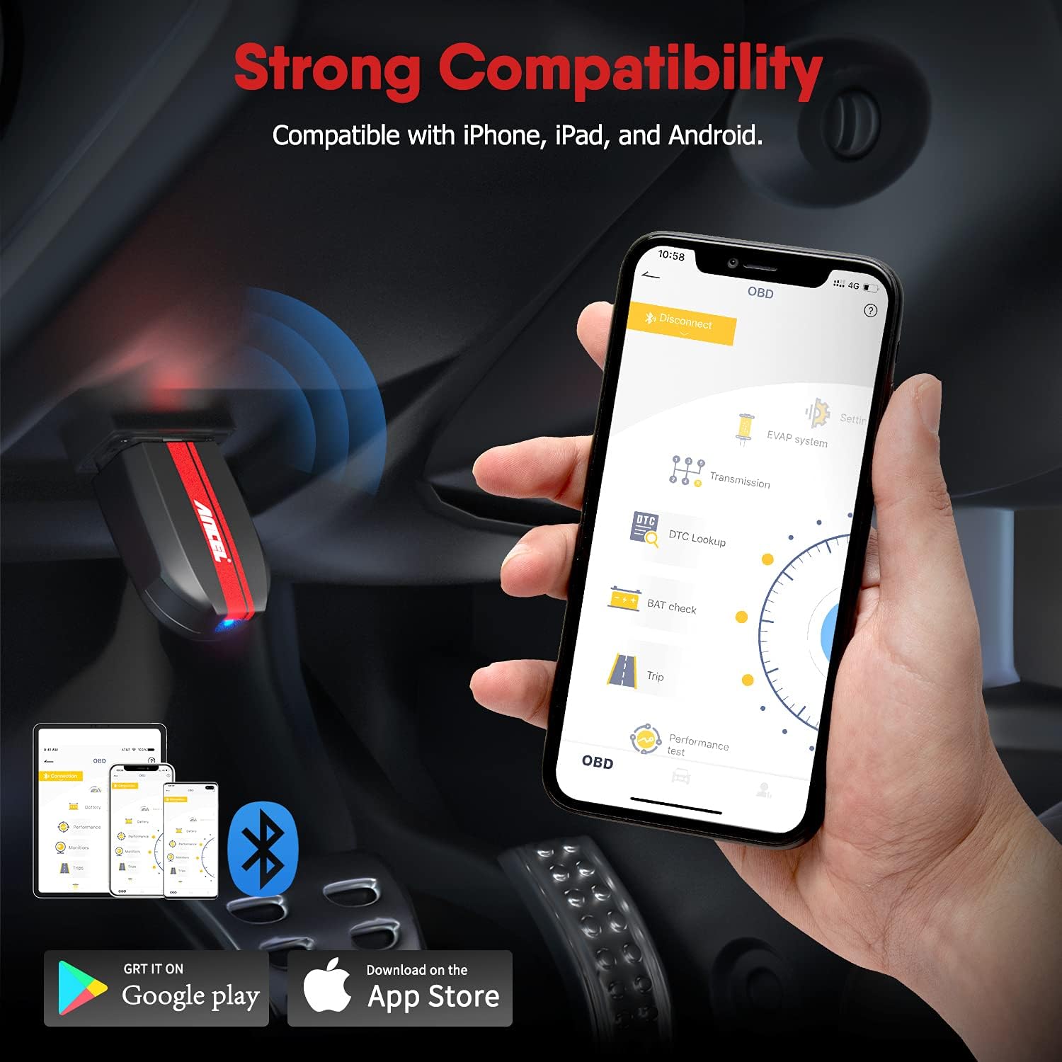 Buy Ancel 0 Bluetooth Obd2 Scanner 21 Upgrade Free Exclusive App With Battery Test Performance Test Trip Analysis Car Diagnostic Tool Check Engine Code Reader For Iphone Ipad Android Online In