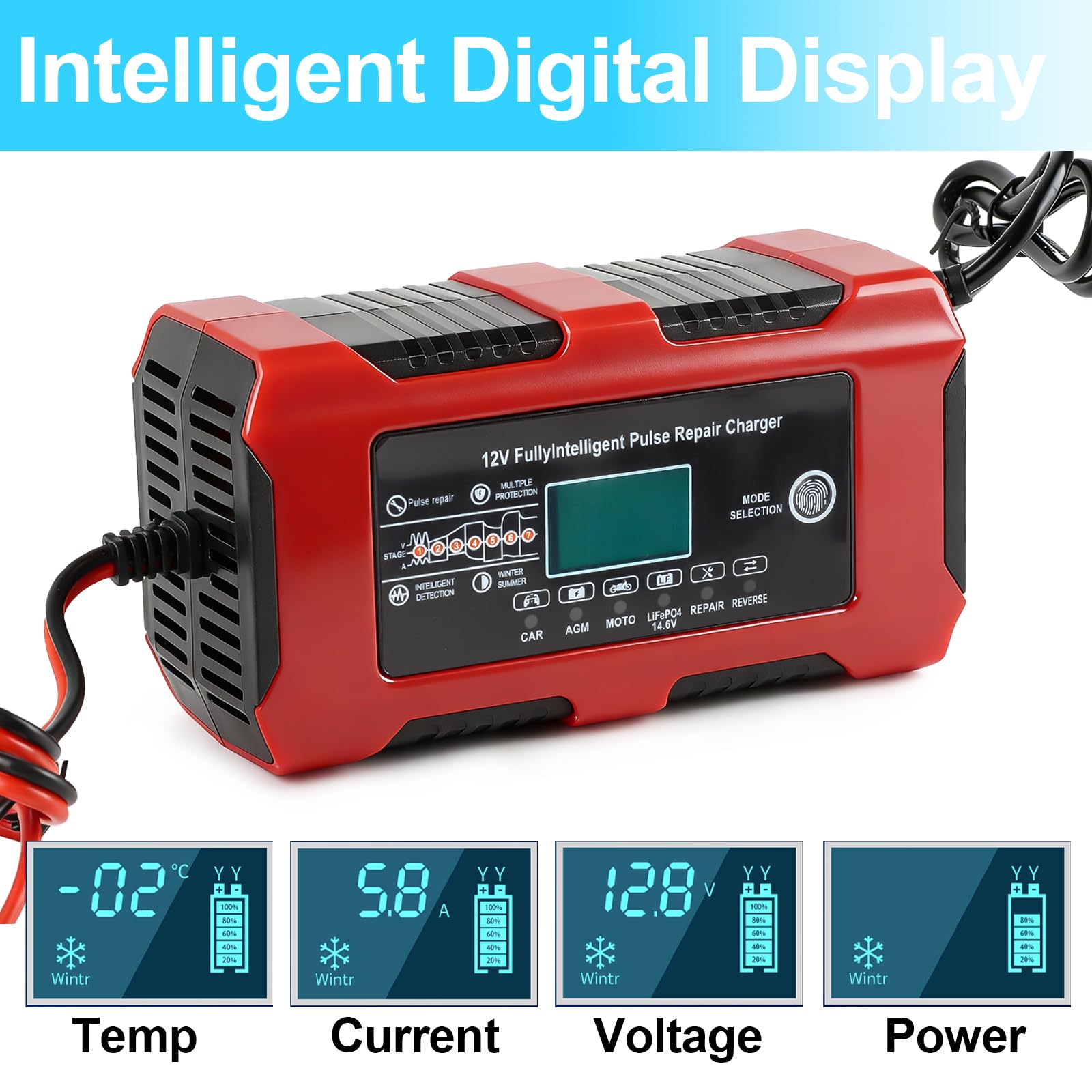 LIGBT Cargador de batería de coche 10 A, 12 V/24 V, cargador de batería inteligente totalmente automático, 7 niveles de carga con pantalla LCD, cargador de batería para coche, camión, moto