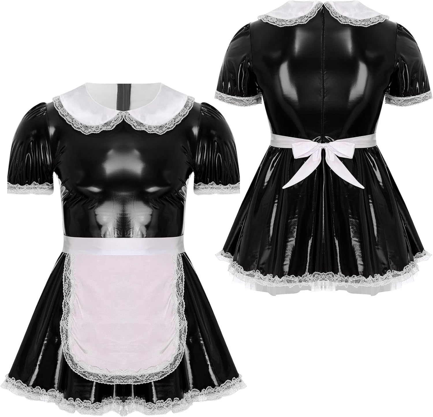 Jugaoge Mens French Maid Role Play Costumes Puff Sleeve Outfit Solid Latex Flared Dress with Apron - Image 7