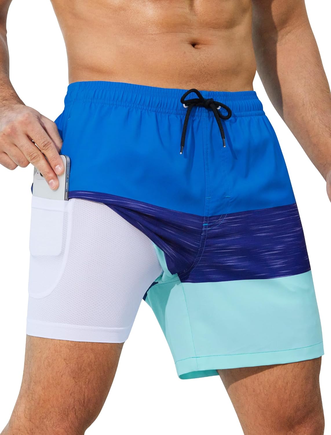 SILKWORLD Mens Swim Trunks with Compression Liner 2 in 1 Quick Dry Bathing Suit Beach Shorts with Zipper Pockets