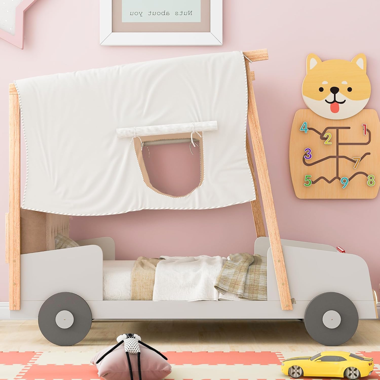 Favfurish Twin Size Car Bed with Pillow, Ceiling Cloth and LED Light, Wood Platform Bed with Canopy Frame,for Kids Teens Girls Boys, No Box Spring Needed, Natural