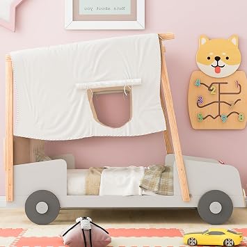 Twin Size Car Pillow,Ceiling Cloth and LED Light, Wood Platform Beds w/Canopy Frame, No Box Spring Needed,for Kid Adult Boy Girl,Natural