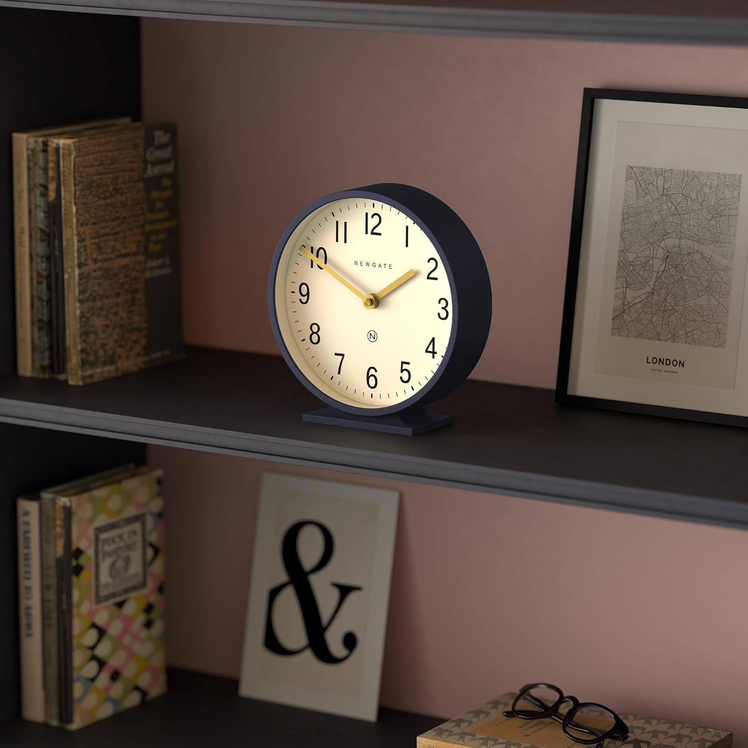 NEWGATE® Q Mantel Clock | Modern Classic Round Mantel Clock | Navy Blue | Contemporary Style for Mantel, Desk, Table, Shelf or Bedside