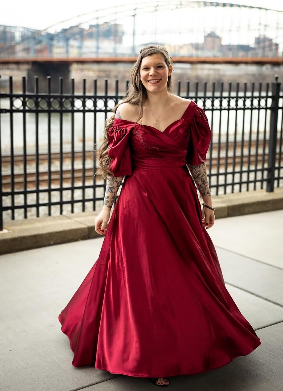 Long Sleeve Satin Bridesmaid Dresses for Women with Pockets V Neck Pleated Formal Evening Gowns
