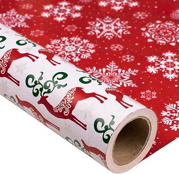 MAYPLUSS Christmas Reversible Wrapping Paper - Mini Roll - 17 Inch X 32.8 Feet- Red Green Reindeer Design 47.3 sq.ft.ttl
