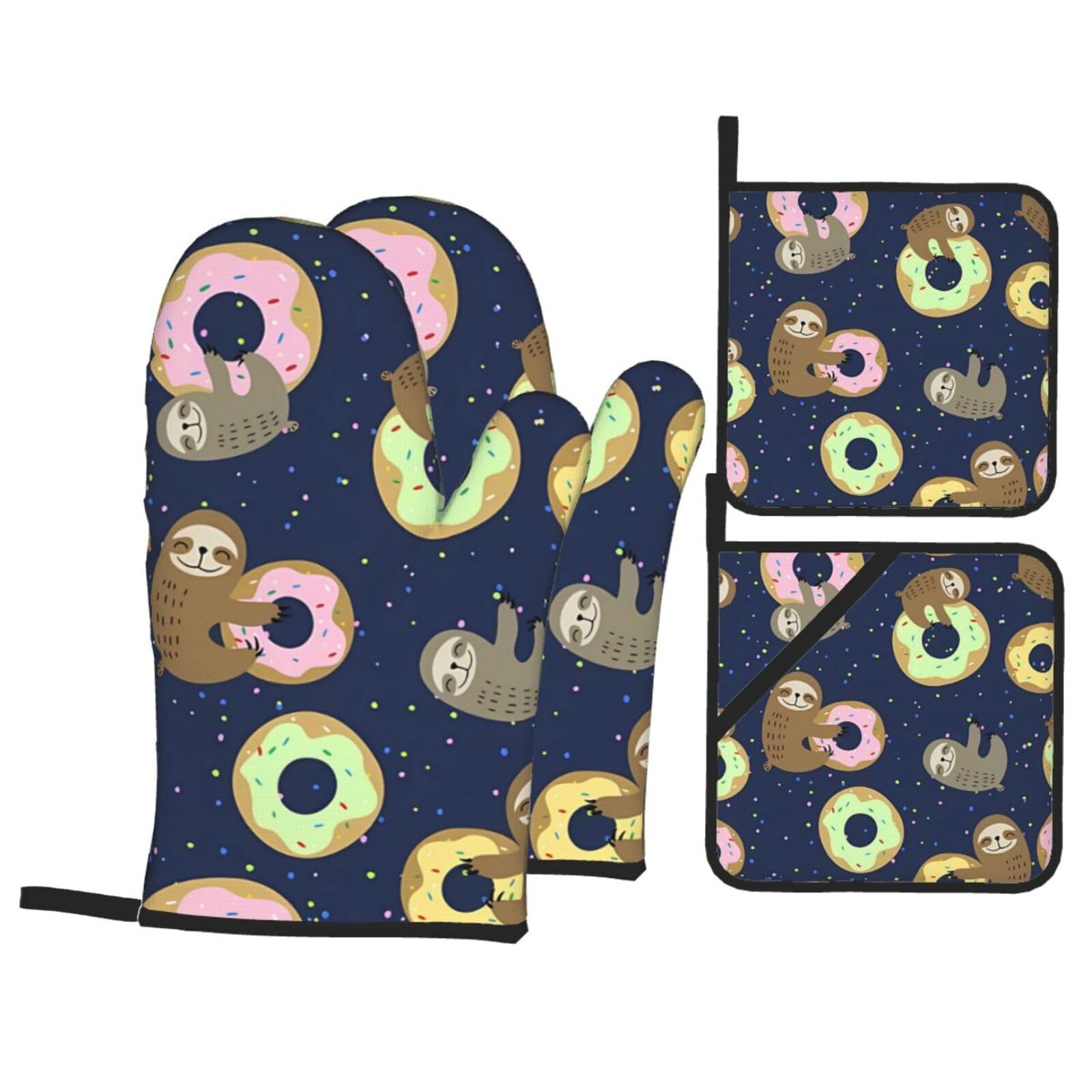 HJFCZH Sloth With Doughnuts Prints Kitchen Covers: Waterproof Oven Layers for Safe Cooking & Easy Cleanup - 4 Piece Heat Protection Set
