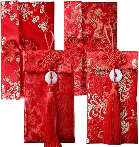 4 sobres rojos de seda con bolsillos de dinero de la suerte, para invitación con elementos chinos Hongbao, para bodas, Año Nuevo, Festival de