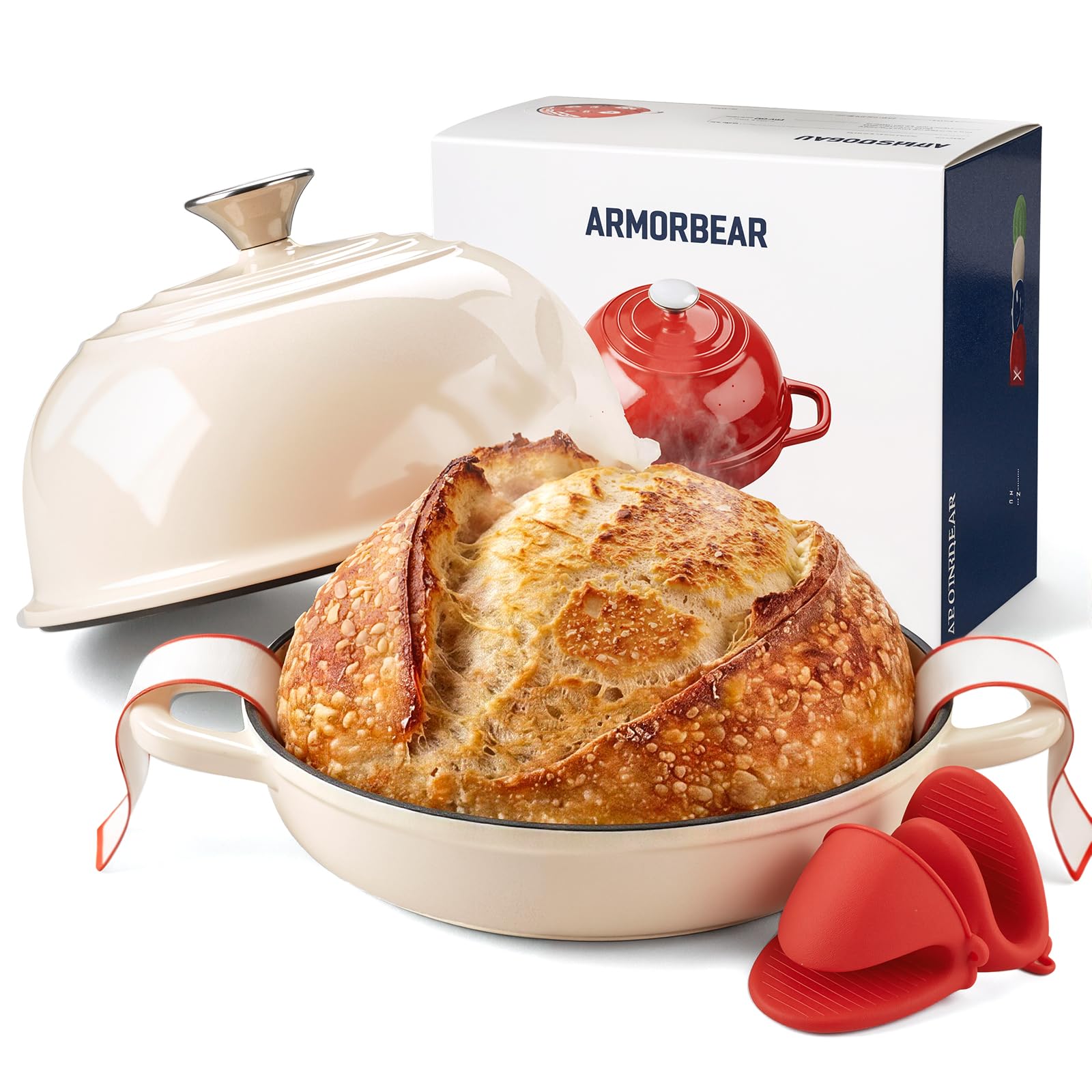 Armorbear Dutch Oven for Bread Making-5QT Cast Iron Sourdough Dutch Oven Pot with Lid, Enameled Round Cast Iron Bread Pot with Dome Lid for Homemade, Gifts for Sourdough Bakers, White