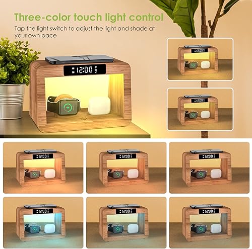 Miniatura 2 de Estación de carga inalámbrica de bambú, luz nocturna con despertador digital, estación de carga de mesita de noche para dispositivos Apple, cargador