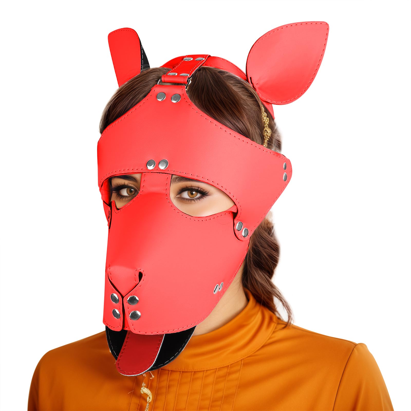 TINAYAUE Dog Head Mask for Adult Gothic Punk Leather Puppy Mask Headgear Full Face Animal Headcover Cosplay Halloween Costume Masks Funny Couples SM Tools (Red)