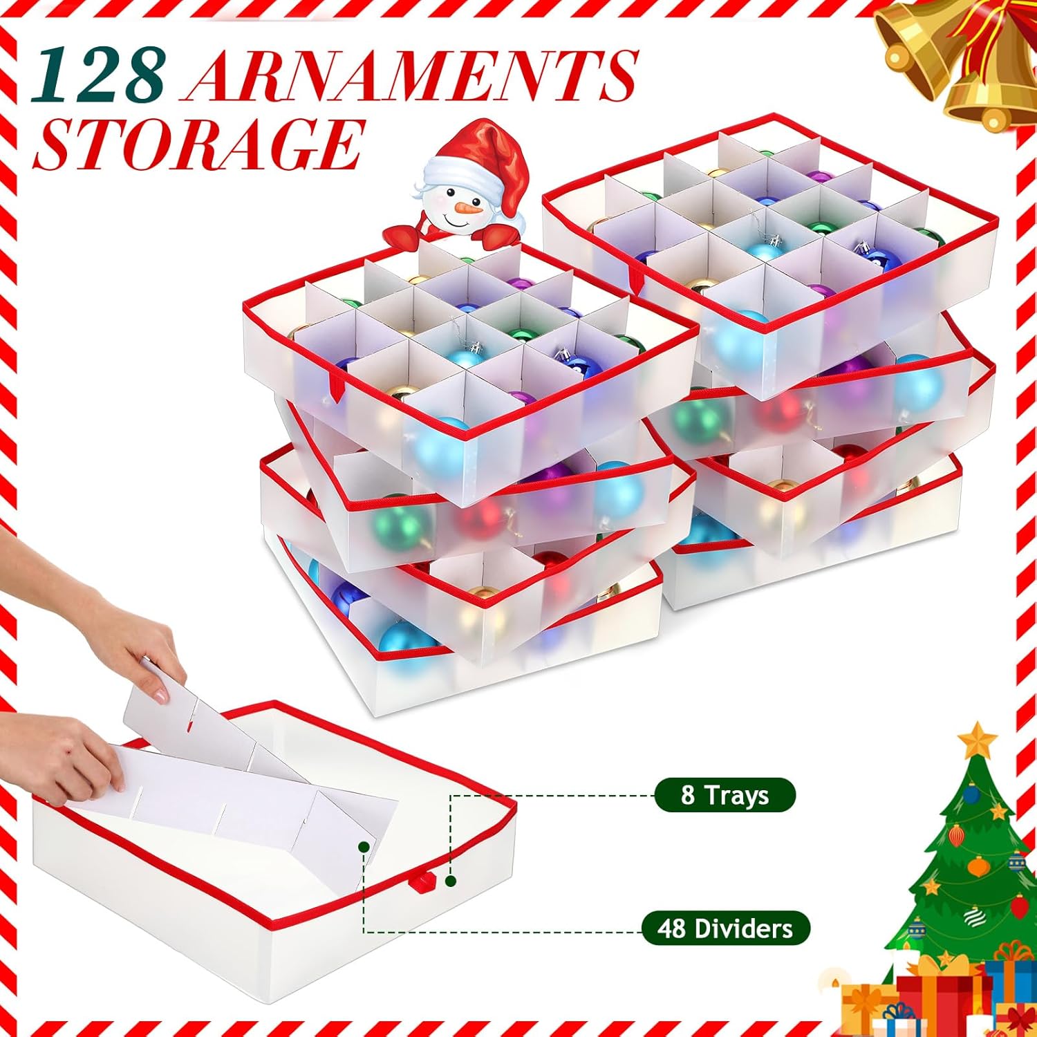 Hosuly 2 Pcs Plastic Christmas Ornaments Storage Box with Dividers, Zippers, 8 Trays,128 Slots, Christmas Storage Containers Xmas Ornaments Organizer for Holiday Balls Ornaments(Snowflake)