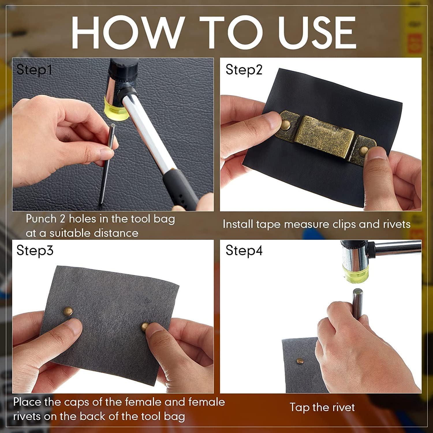 4 Pieces Metal Tape Measure Clip with Rivets, Bronze Tape Measure Holder for Occidental Leather Pocket Tool, Measuring Tape Belt Holder for Easy Carry and Access