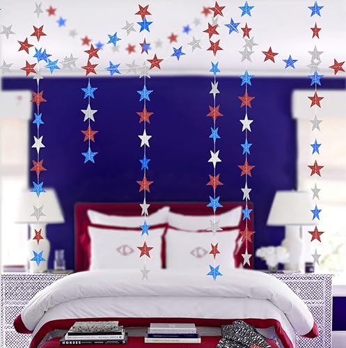 Miniatura 5 de JEYE Guirnalda de estrellas patrióticas para colgar en color rojo, plateado y azul, decoración para colgar en banderines de papel con estrellas