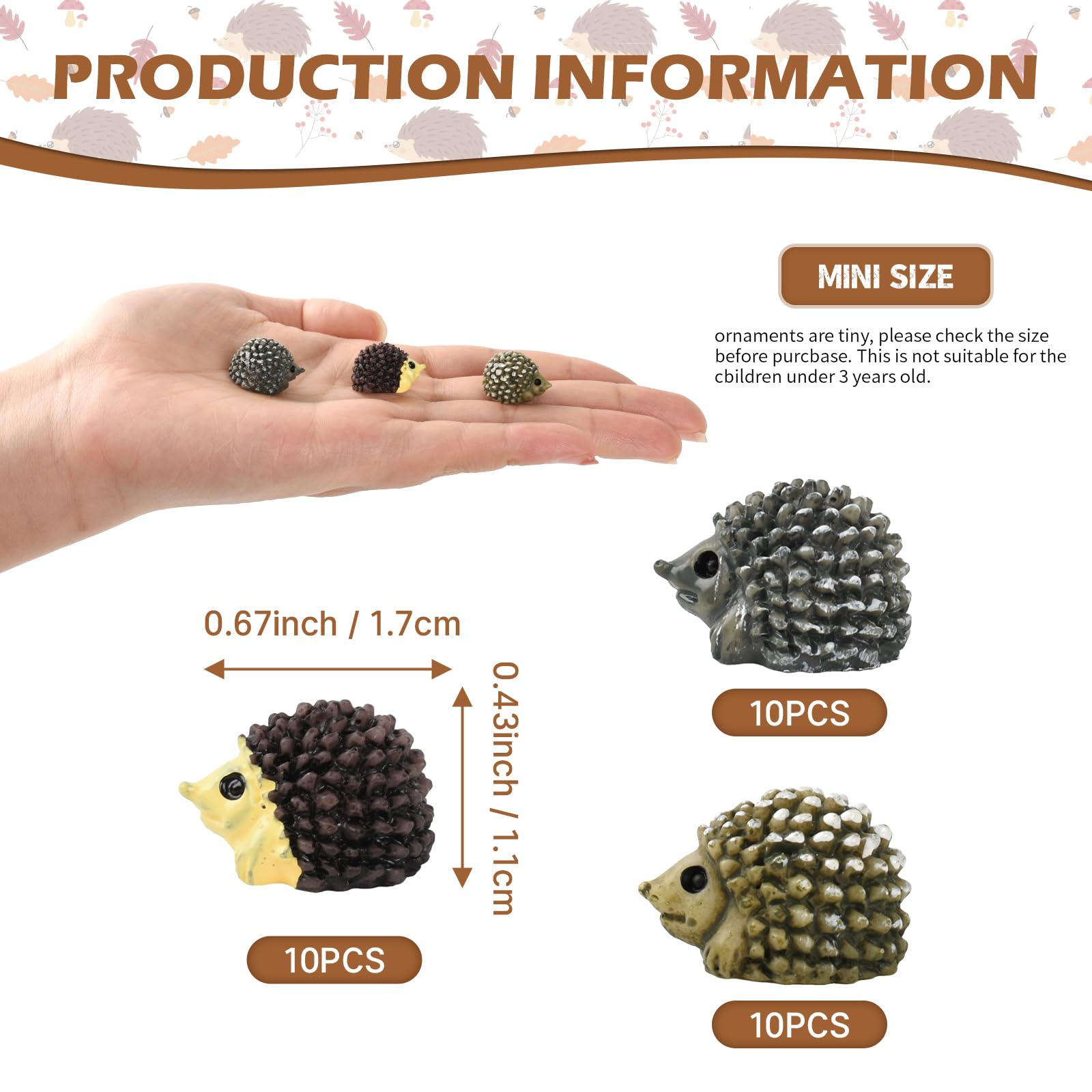 Hanycon Mini-Igel-Figuren Aus Harz – 30 Stück, 1,7x1,1 Cm, In Braun, Grau & Gelb | Für Feengarten, Terrarien, Deko