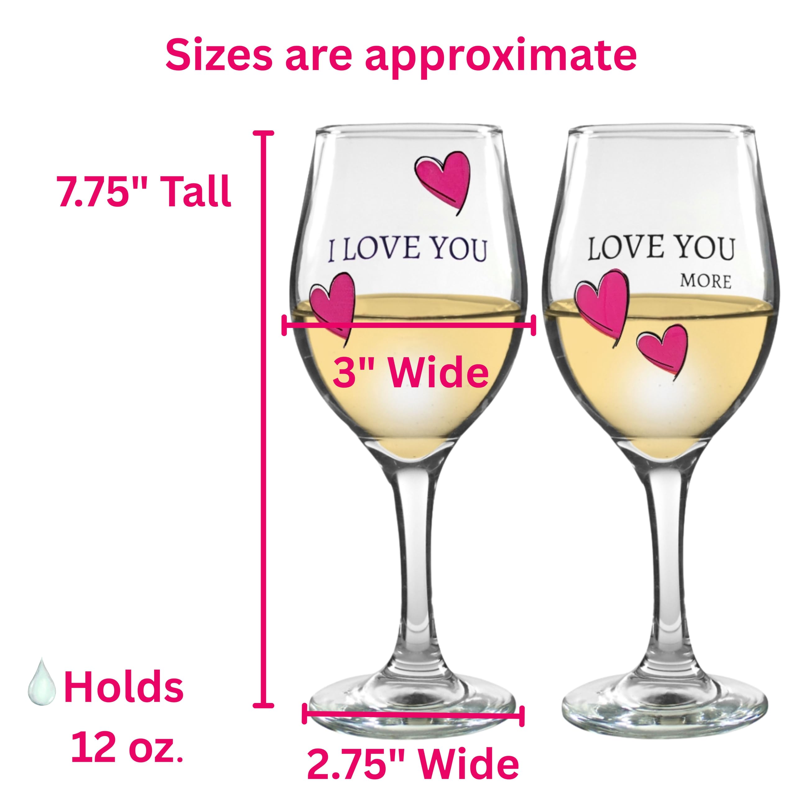 Love You More Wine Glass - Set of 2 Glasses with Pink Decorative Hearts - His and Her Romantic Glassware
