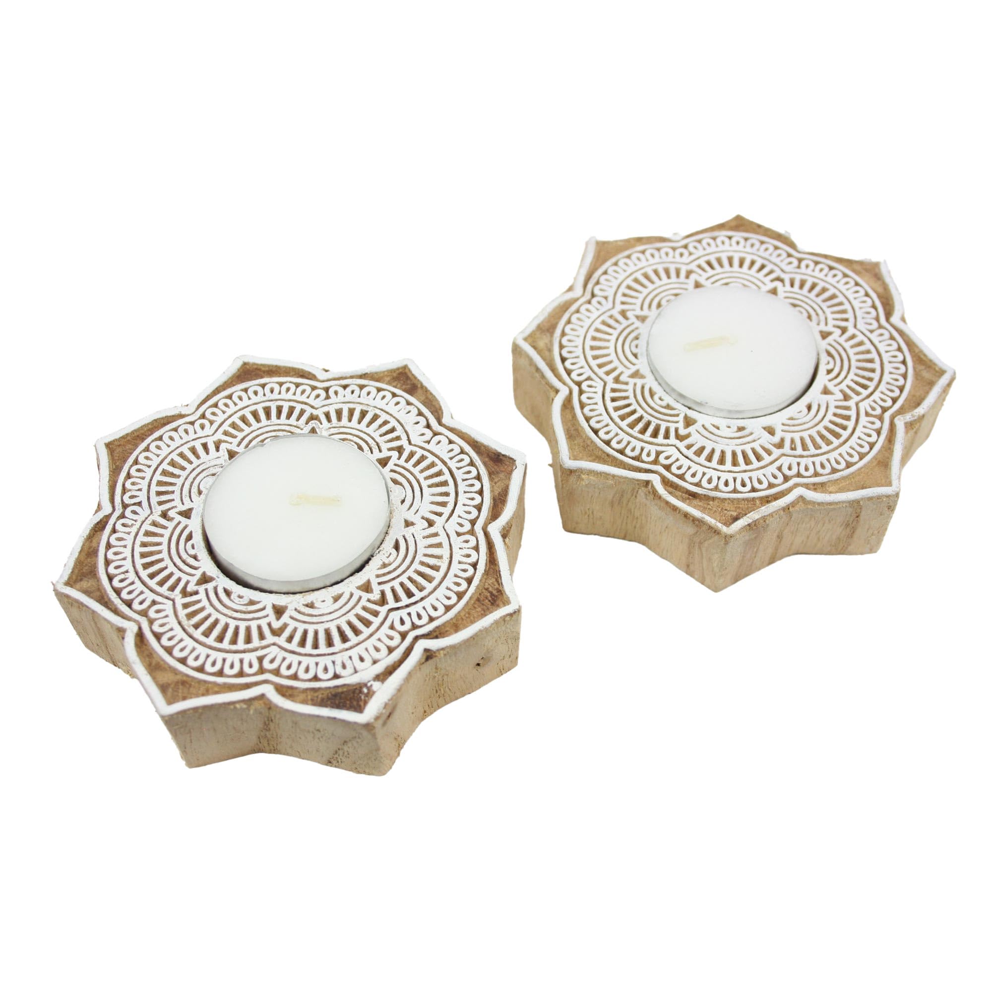 Emartbuy Handcrafted Wooden Rangoli Diya Set Elegant Tealight Candle Holders For Diwali Gift Hamper, Festive Décor & Gifting - With Intricate White Detailing