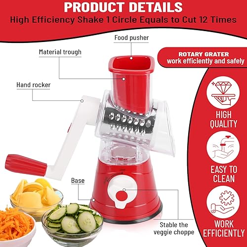 Miniatura 7 de Rallador de queso con mango, trituradora de parmesano multifuncional giratoria, rebanadora de mandolina redonda y trituradora manual de verduras,